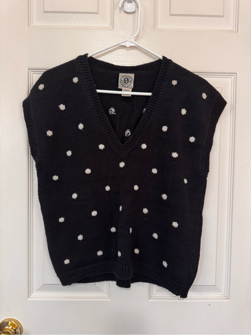 Vintage 90s Black Polka Dot Knit Sweater Vest L | Grandmacore Prep